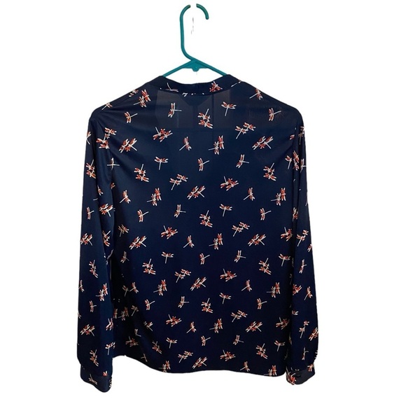 vintage 60s / 70s blue and red dragonfly button down pussybow blouse - Picture 5 of 5